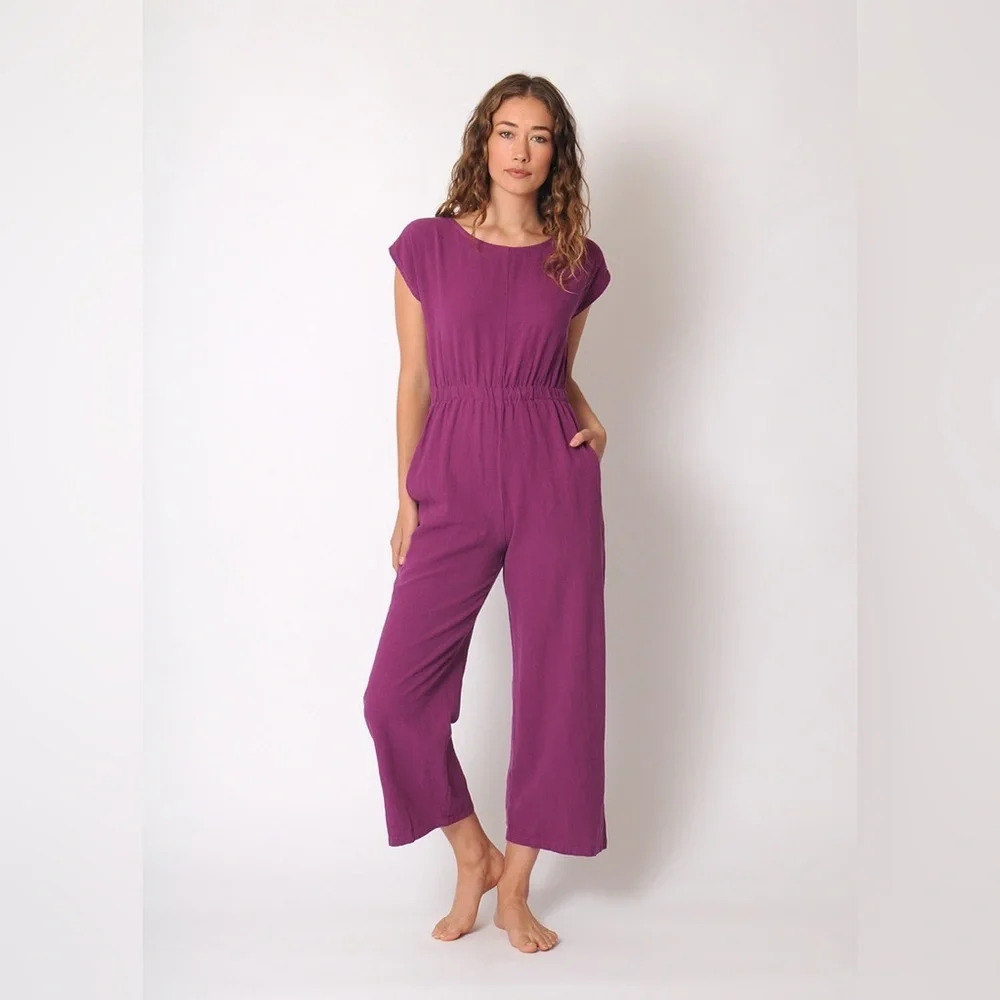 Gravel & Gold Rush Cotton Linen Wide Leg Jumpsuit in Sunset Purple Size 3/Large